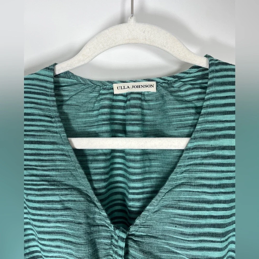 Ulla Johnson Ophelia Cotton Voile Peplum Blouse Teal/ Green Stripe sz 6